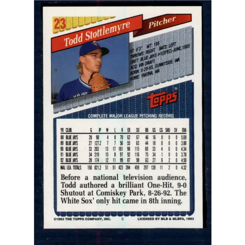 1993 Topps #23 Todd Stottlemyre NM-MT Toronto Blue Jays Baseball Card - Baseball Card Single