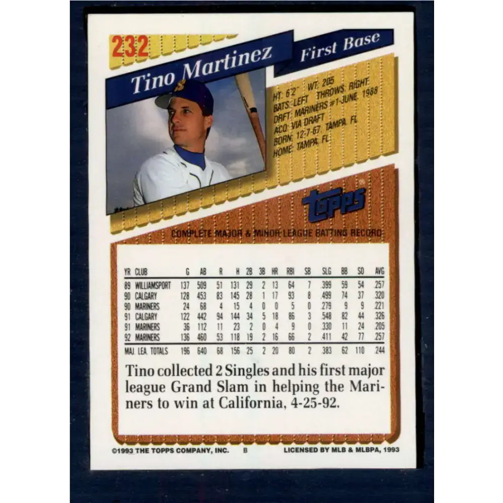 1993 Topps #232 Tino Martinez NM-MT Seattle Mariners Baseball Card - Baseball Card Single