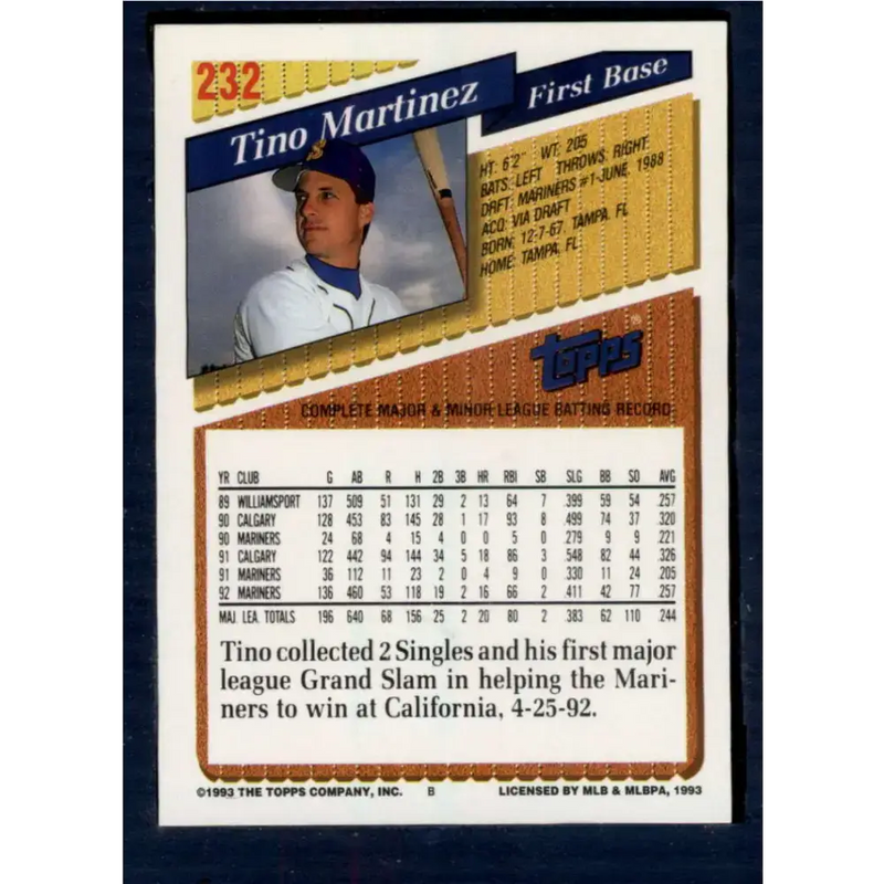 1993 Topps #232 Tino Martinez NM-MT Seattle Mariners Baseball Card - Baseball Card Single