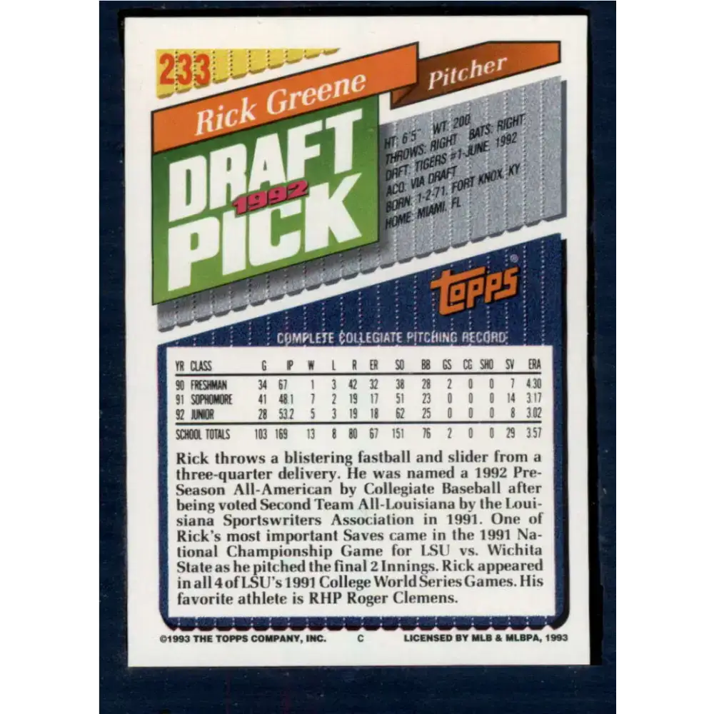 1993 Topps #233 Rick Greene NM-MT Detroit Tigers Baseball Card - Baseball Card Single