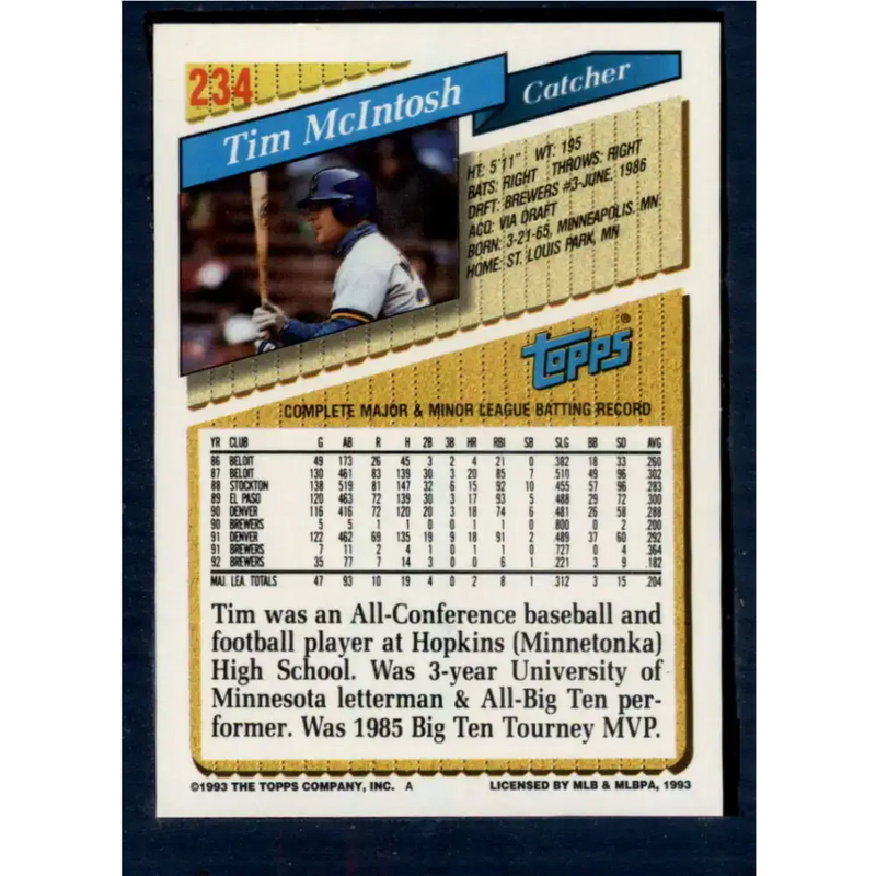 1993 Topps #234 Tim McIntosh NM-MT Milwaukee Brewers Baseball Card - Baseball Card Single