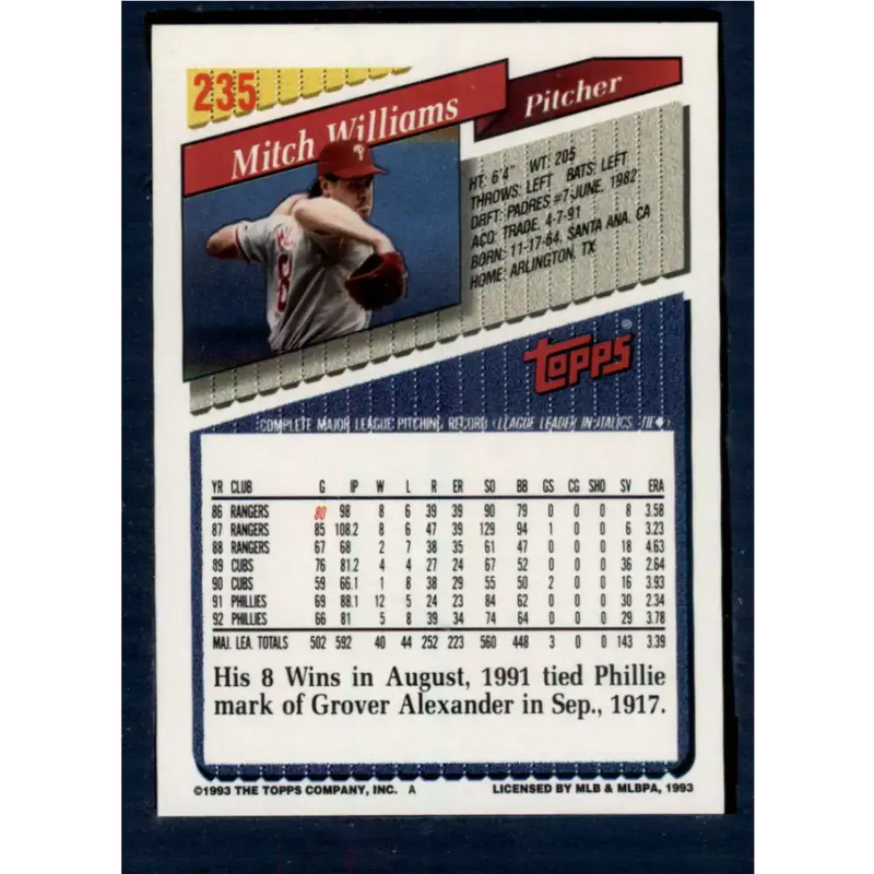 1993 Topps #235 Mitch Williams NM-MT Philadelphia Phillies Baseball Card - Baseball Card Single