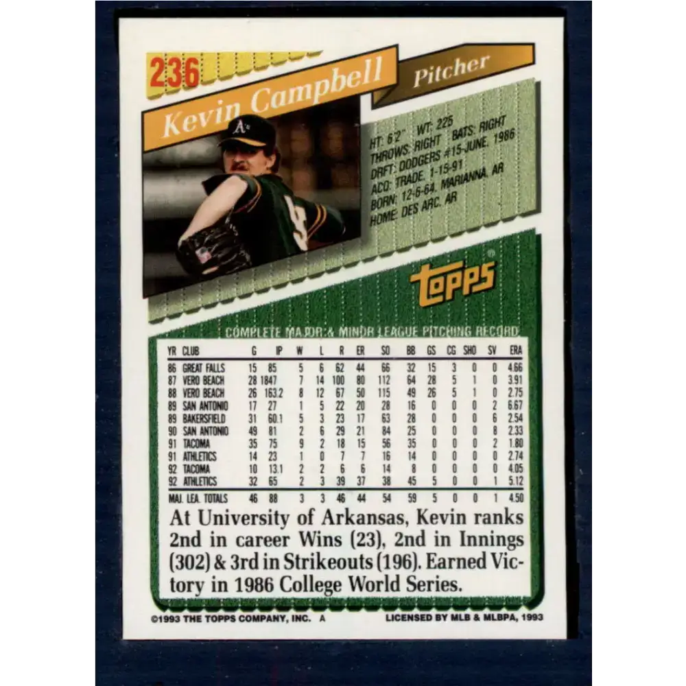 1993 Topps #236 Kevin Campbell NM-MT Oakland Athletics Baseball Card - Baseball Card Single