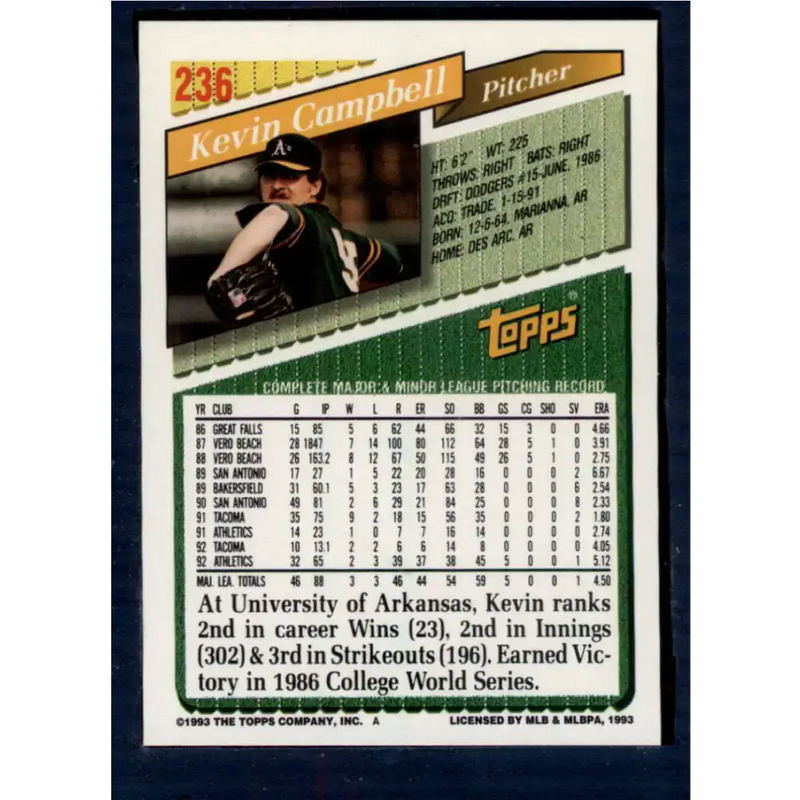 1993 Topps #236 Kevin Campbell NM-MT Oakland Athletics Baseball Card - Baseball Card Single