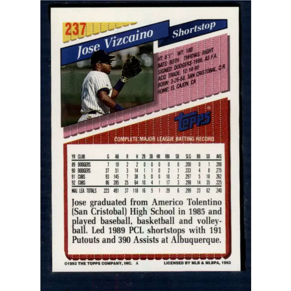 1993 Topps #237 Jose Vizcaino NM-MT Chicago Cubs Baseball Card - Baseball Card Single