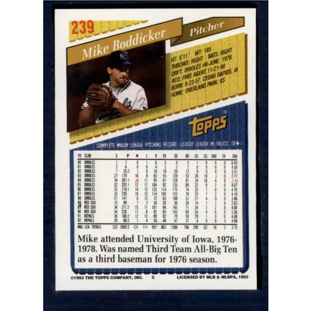 1993 Topps #239 Mike Boddicker NM-MT Kansas City Royals Baseball Card - Baseball Card Single