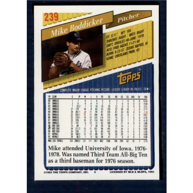 1993 Topps #239 Mike Boddicker NM-MT Kansas City Royals Baseball Card - Baseball Card Single