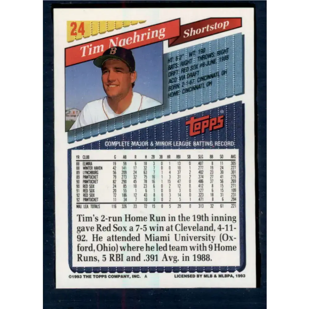 1993 Topps #24 Tim Naehring NM-MT Boston Red Sox Baseball Card - Baseball Card Single