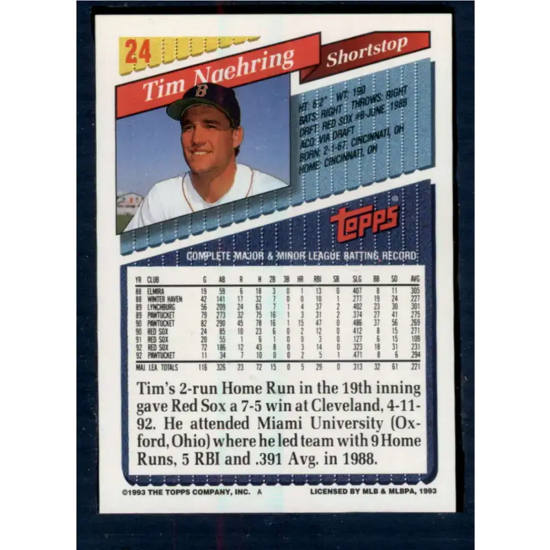 1993 Topps #24 Tim Naehring NM-MT Boston Red Sox Baseball Card - Baseball Card Single