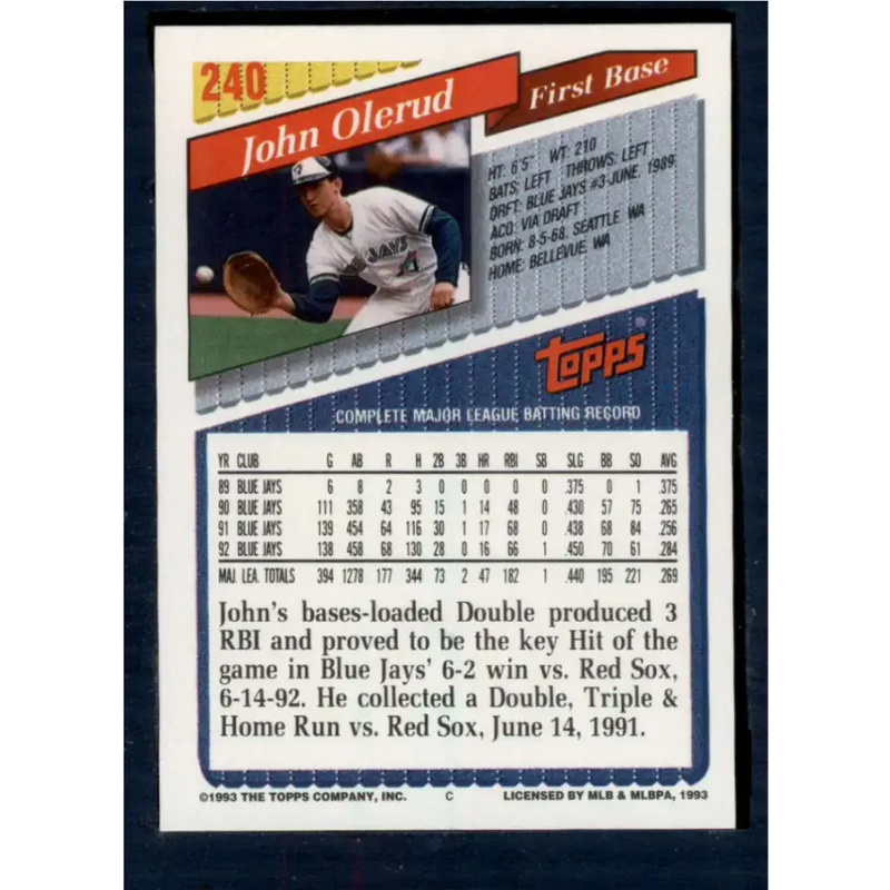 1993 Topps #240 John Olerud NM-MT Toronto Blue Jays Baseball Card - Baseball Card Single