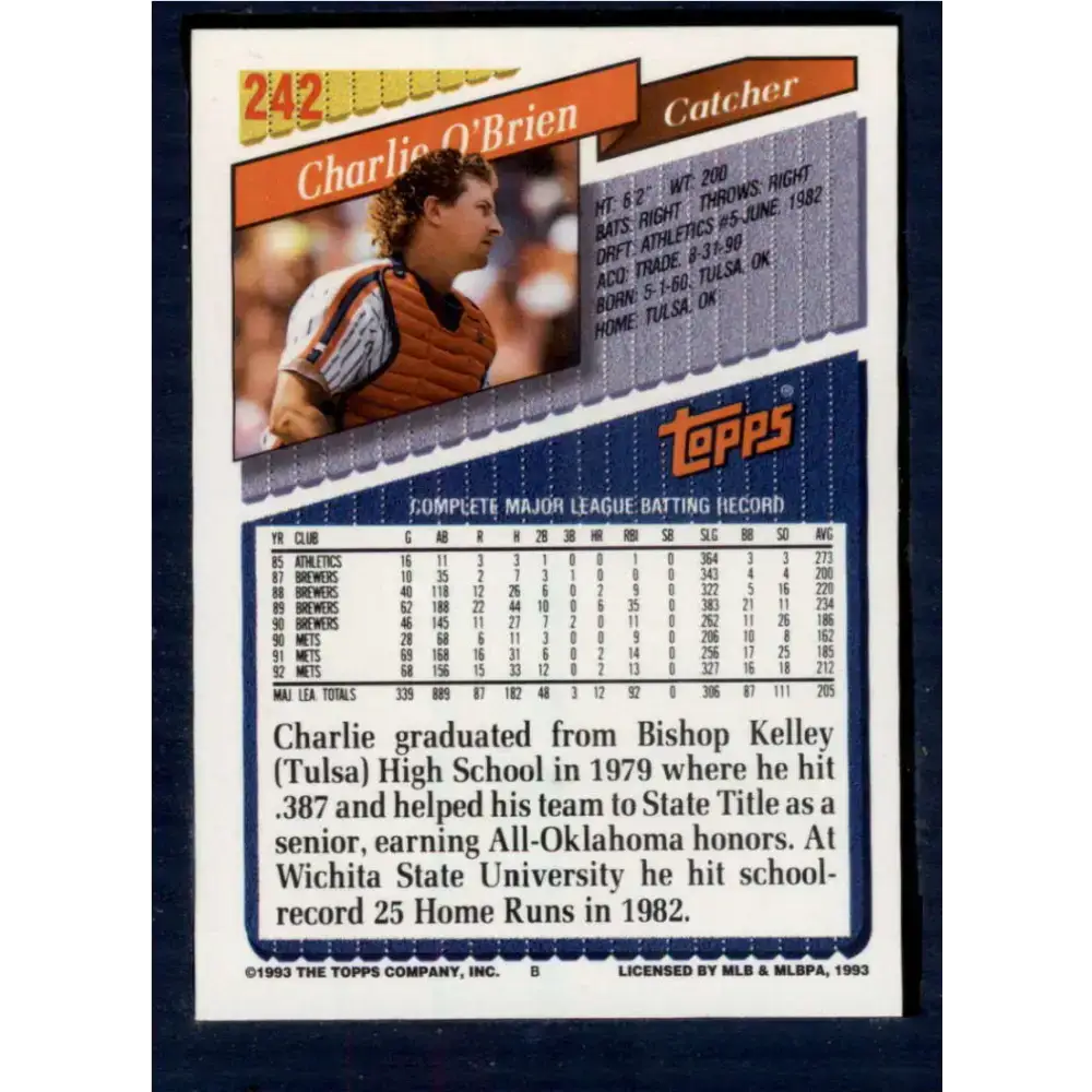 1993 Topps #242 Charlie O’Brien NM-MT New York Mets Baseball Card - Baseball Card Single