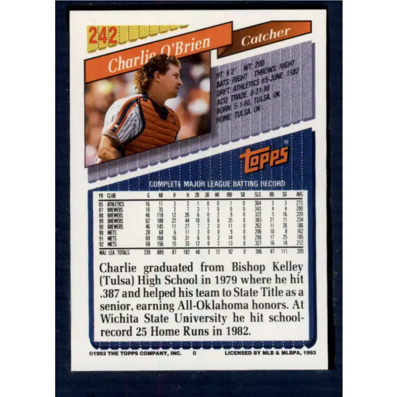 1993 Topps #242 Charlie O’Brien NM-MT New York Mets Baseball Card - Baseball Card Single