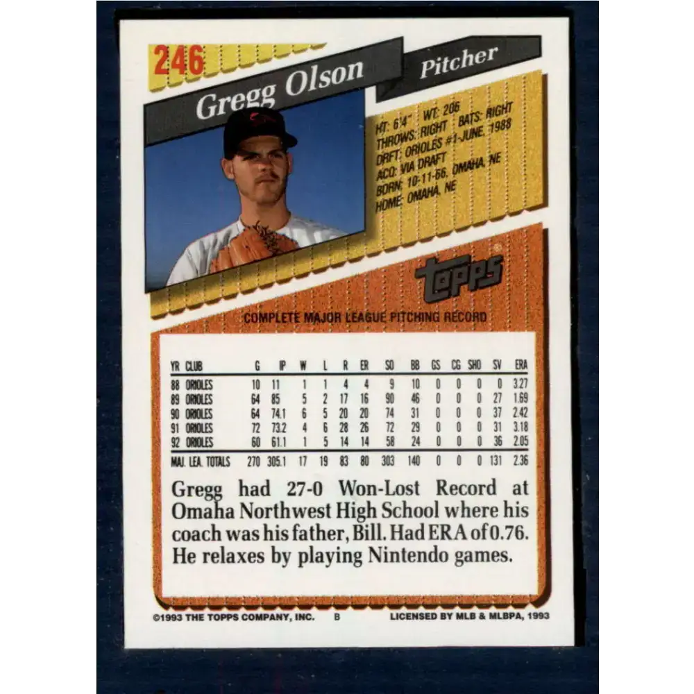 1993 Topps #246 Gregg Olson NM-MT Baltimore Orioles Baseball Card - Baseball Card Single