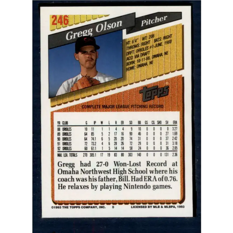 1993 Topps #246 Gregg Olson NM-MT Baltimore Orioles Baseball Card - Baseball Card Single