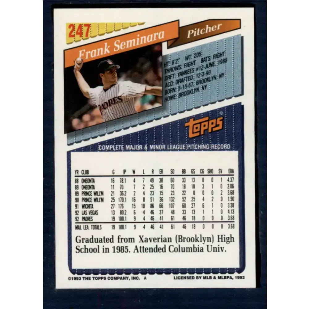 1993 Topps #247 Frank Seminara NM-MT San Diego Padres Baseball Card - Baseball Card Single