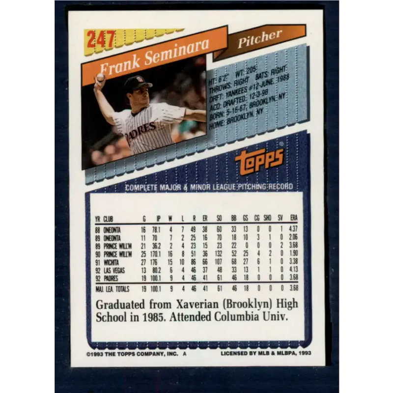 1993 Topps #247 Frank Seminara NM-MT San Diego Padres Baseball Card - Baseball Card Single