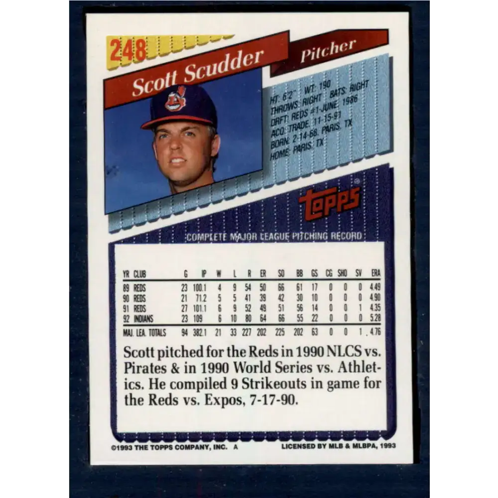 1993 Topps #248 Scott Scudder NM-MT Cleveland Indians Baseball Card - Baseball Card Single