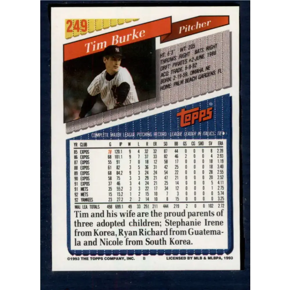 1993 Topps #249 Tim Burke NM-MT New York Yankees Baseball Card - Baseball Card Single