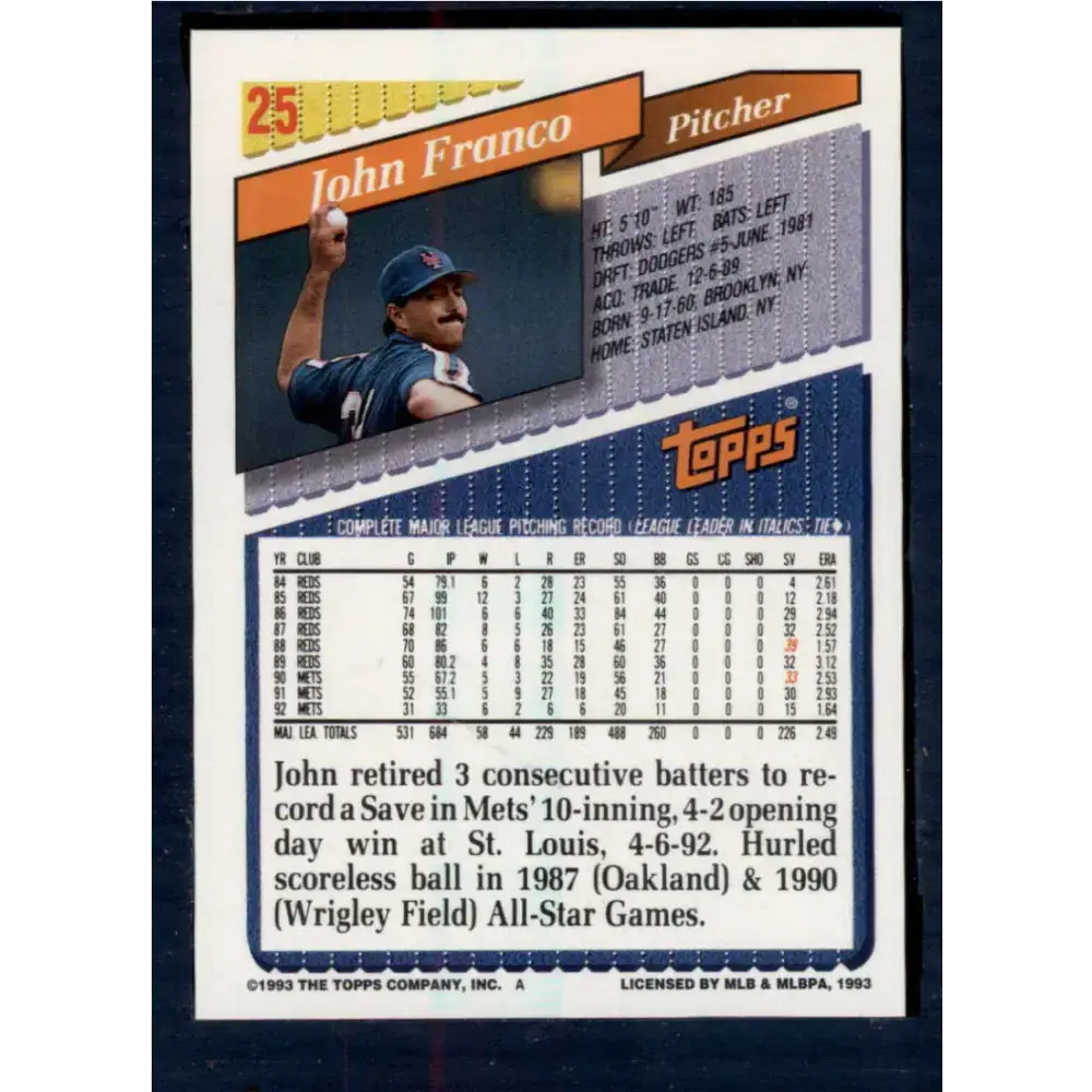 1993 Topps #25 John Franco NM-MT New York Mets Baseball Card - Baseball Card Single