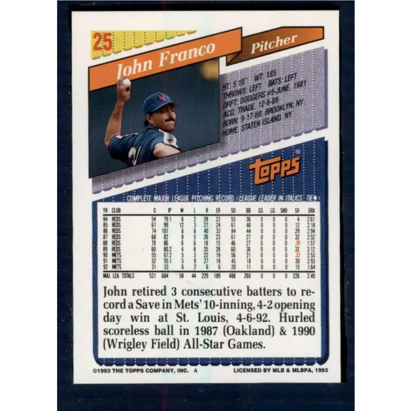 1993 Topps #25 John Franco NM-MT New York Mets Baseball Card - Baseball Card Single