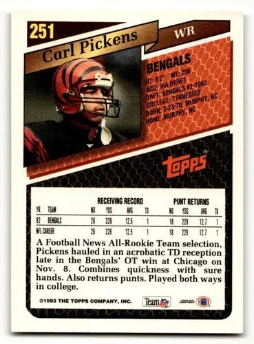 Vintage Carl Pickens Bengals football card with original gloss from 1993 Topps series