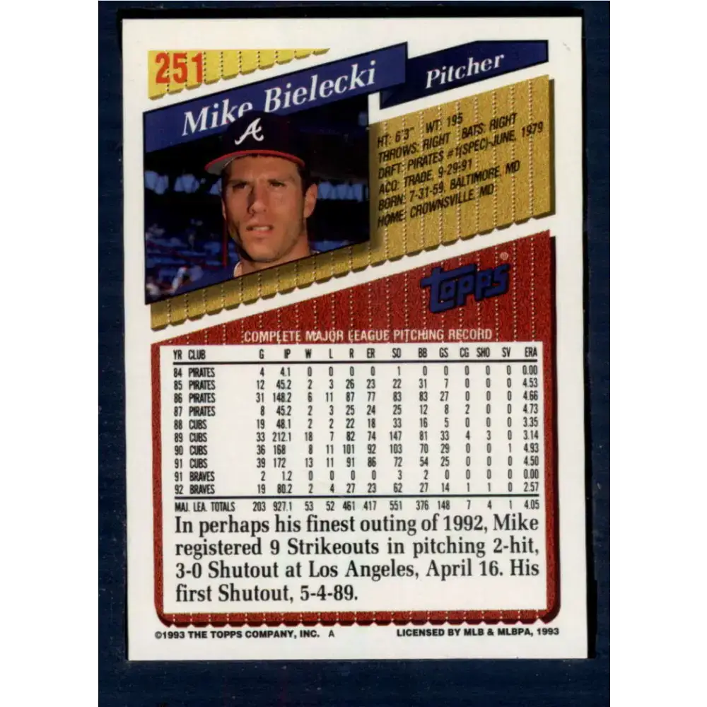 1993 Topps #251 Mike Bielecki NM-MT Atlanta Braves Baseball Card - Baseball Card Single