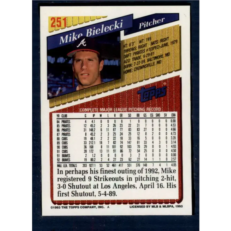 1993 Topps #251 Mike Bielecki NM-MT Atlanta Braves Baseball Card - Baseball Card Single