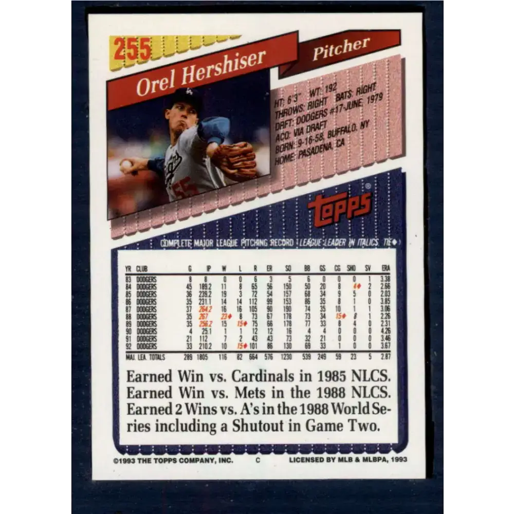 1993 Topps #255 Orel Hershiser NM-MT Los Angeles Dodgers Baseball Card - Baseball Card Single