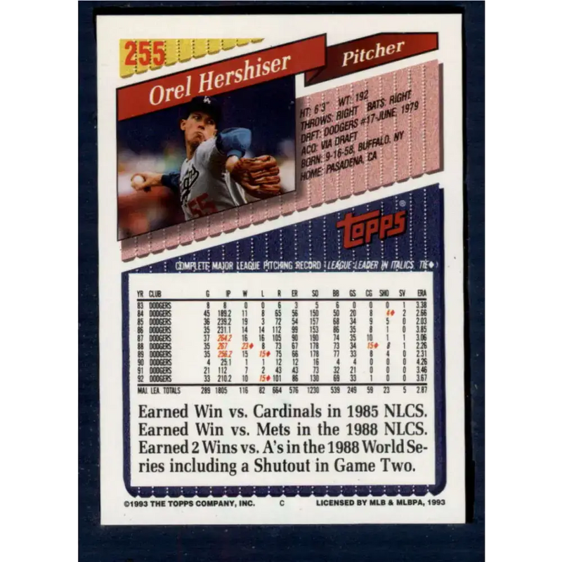 1993 Topps #255 Orel Hershiser NM-MT Los Angeles Dodgers Baseball Card - Baseball Card Single