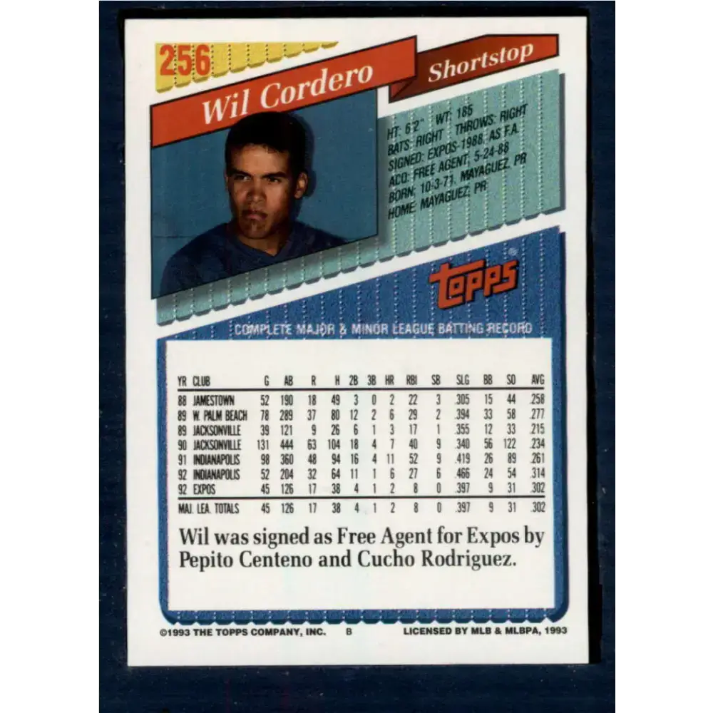 1993 Topps #256 Wil Cordero NM-MT Montreal Expos Baseball Card - Baseball Card Single