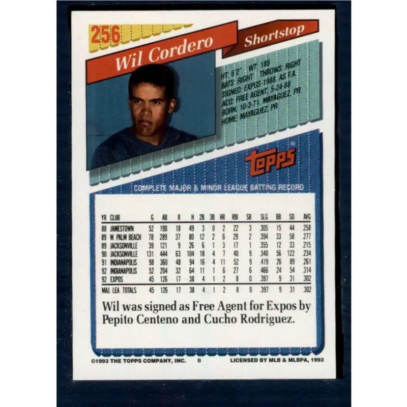 1993 Topps #256 Wil Cordero NM-MT Montreal Expos Baseball Card - Baseball Card Single