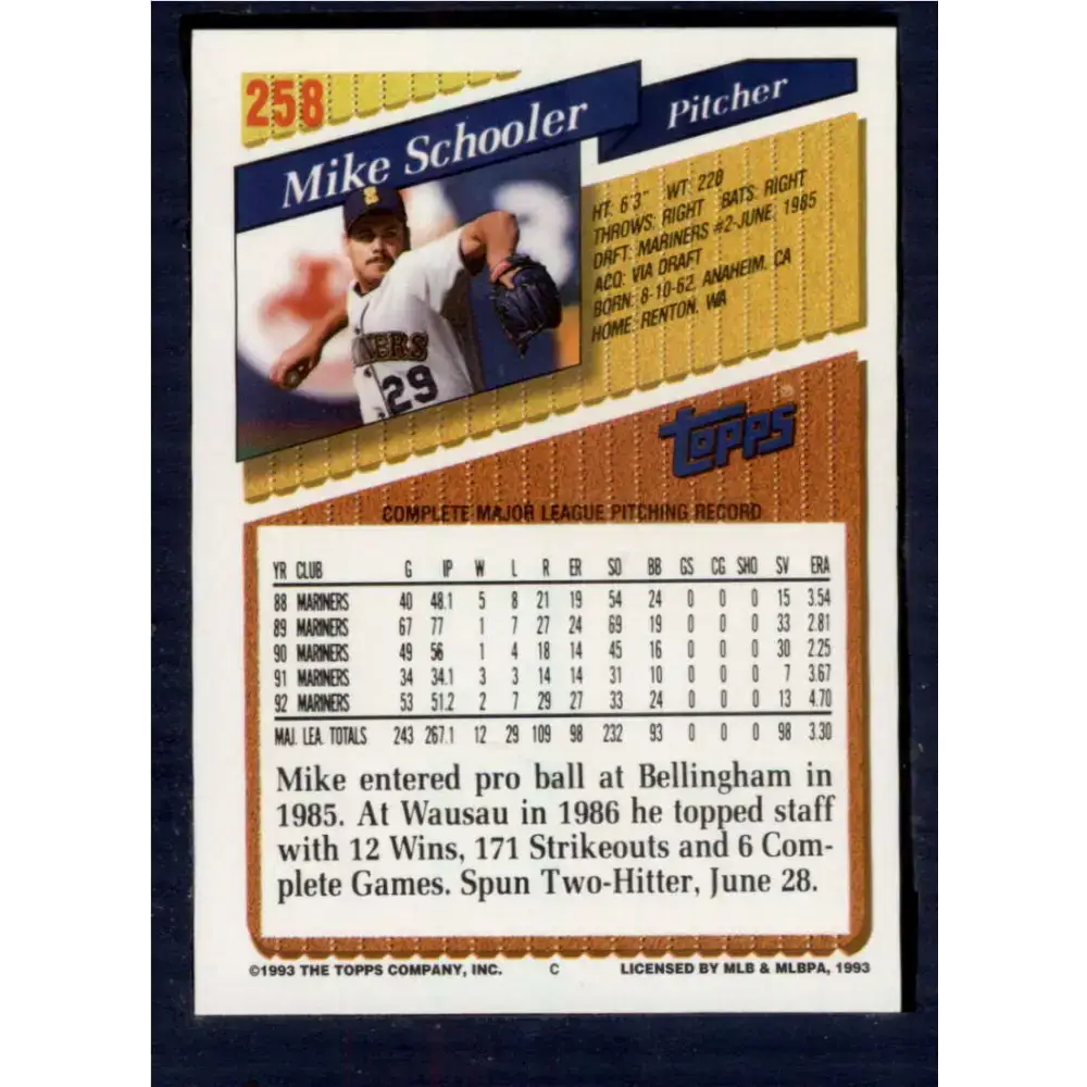 1993 Topps #258 Mike Schooler NM-MT Seattle Mariners Baseball Card - Baseball Card Single