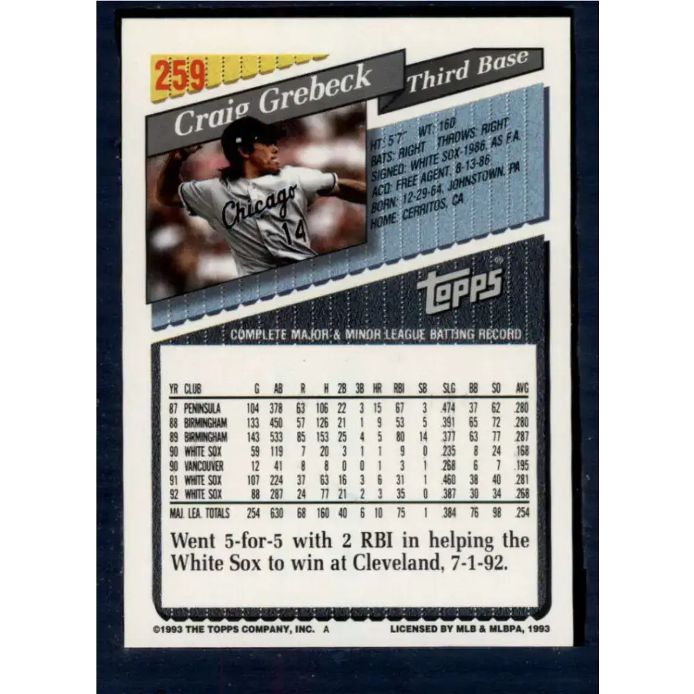 1993 Topps #259 Craig Grebeck NM-MT Chicago White Sox Baseball Card - Baseball Card Single