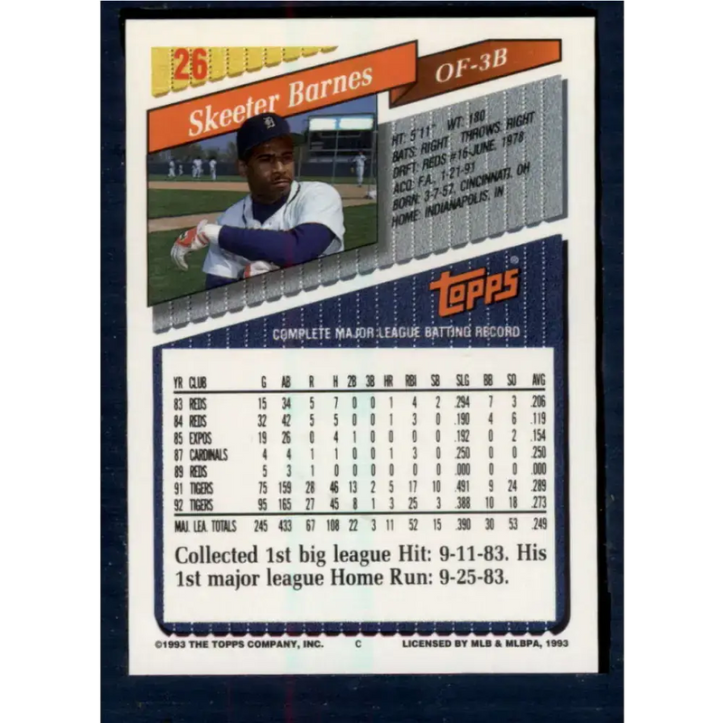 1993 Topps #26 Skeeter Barnes NM-MT Detroit Tigers Baseball Card - Baseball Card Single