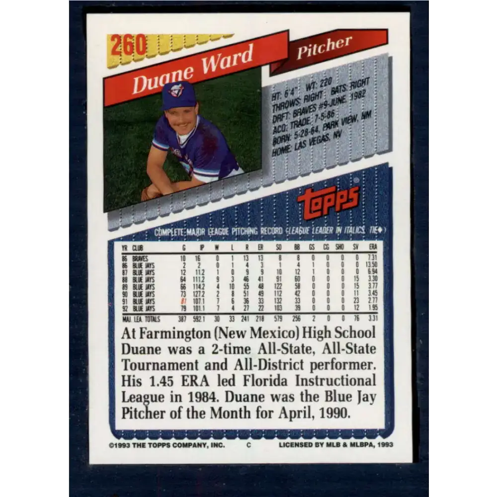 1993 Topps #260 Duane Ward NM-MT Toronto Blue Jays Baseball Card - Baseball Card Single