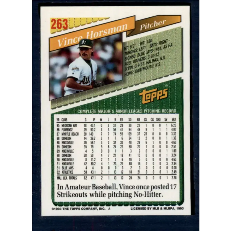1993 Topps #263 Vince Horsman NM-MT Oakland Athletics Baseball Card - Baseball Card Single