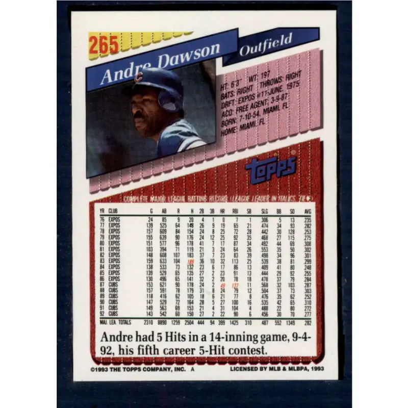1993 Topps #265 Andre Dawson NM-MT Chicago Cubs Baseball Card - Baseball Card Single
