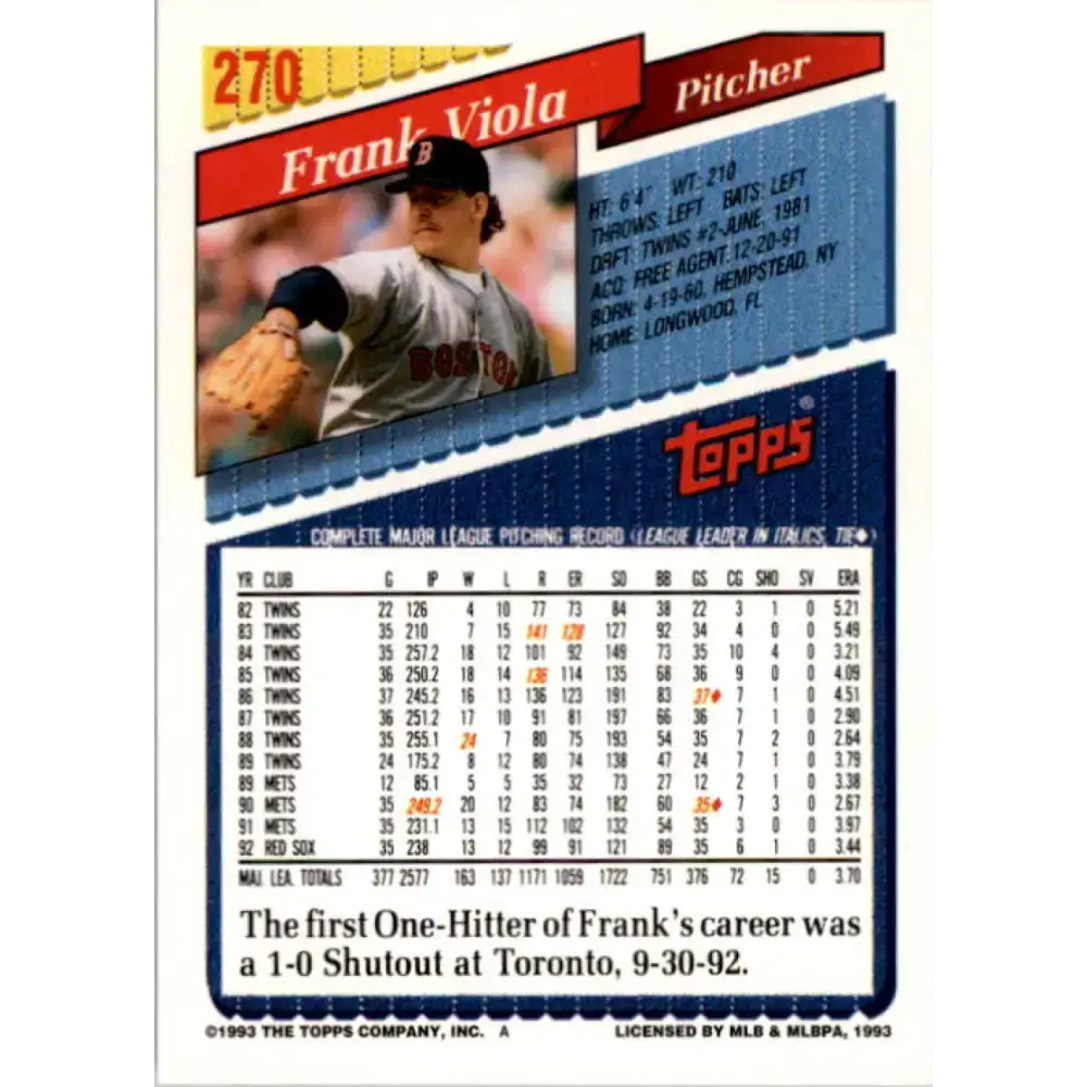 1993 Topps #270 Frank Viola NM-MT Boston Red Sox Baseball Card - Baseball Card Single