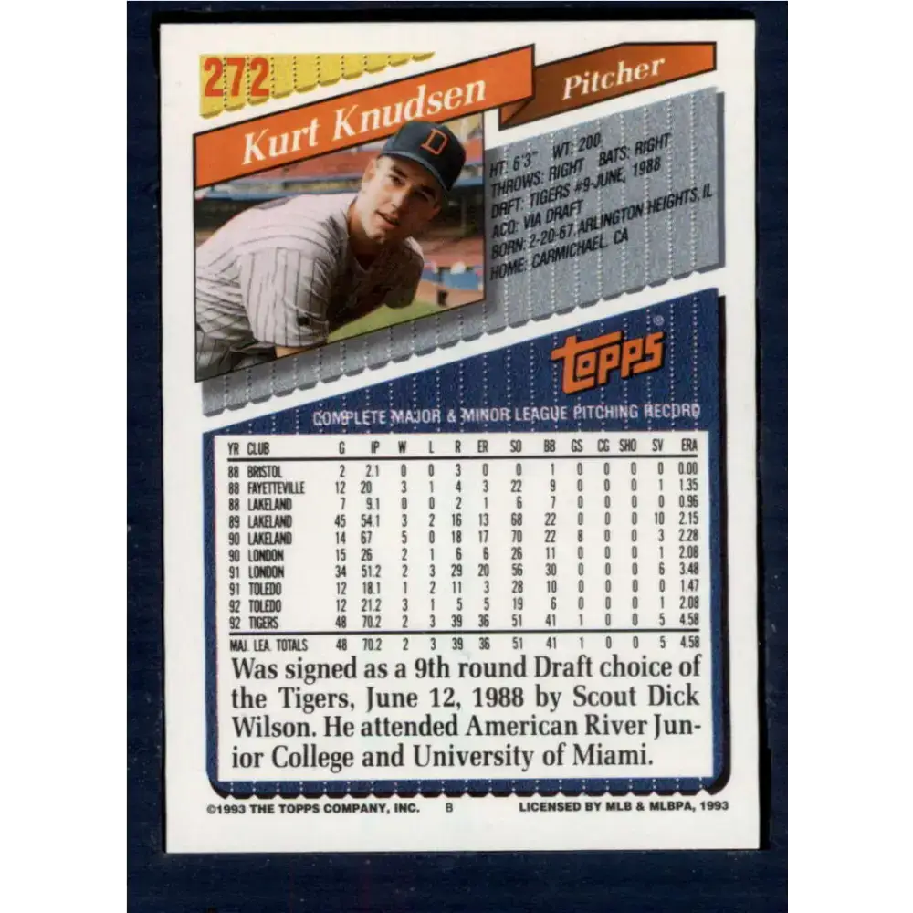 1993 Topps #272 Kurt Knudsen NM-MT Detroit Tigers Baseball Card - Baseball Card Single