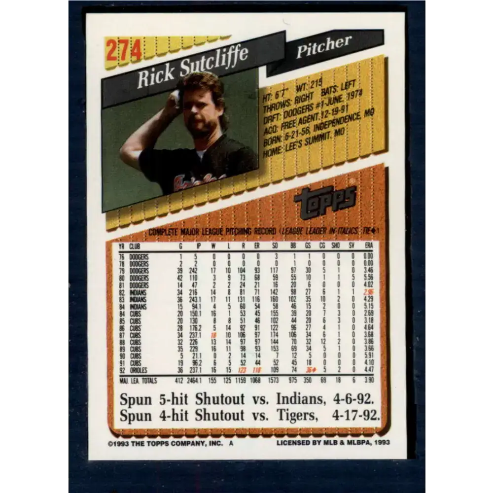 1993 Topps #274 Rick Sutcliffe NM-MT Baltimore Orioles Baseball Card - Baseball Card Single