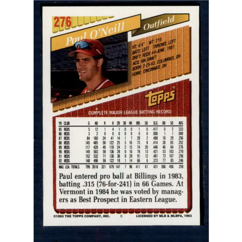 1993 Topps #276 Paul O’Neill NM-MT Cincinnati Reds Baseball Card - Baseball Card Single
