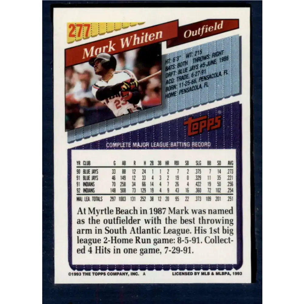 1993 Topps #277 Mark Whiten NM-MT Cleveland Indians Baseball Card - Baseball Card Single