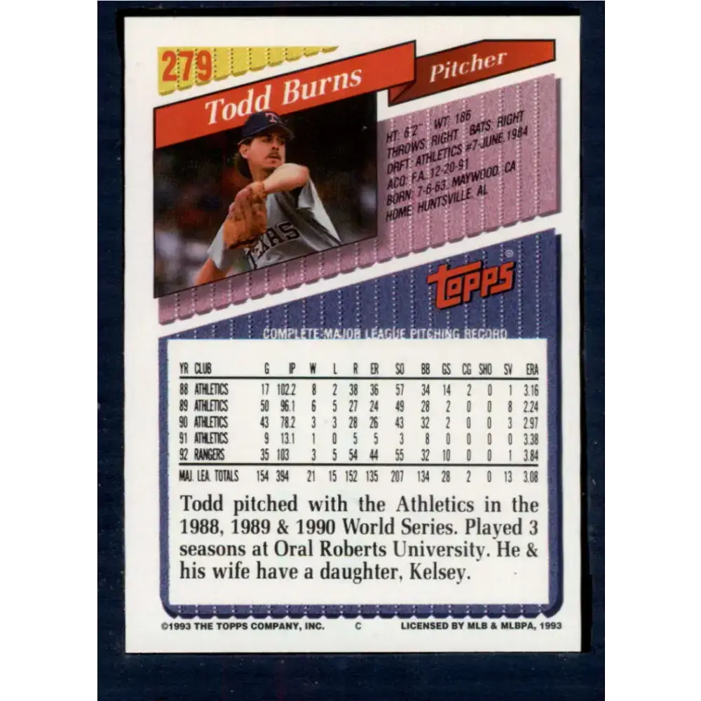 1993 Topps #279 Todd Burns NM-MT Texas Rangers Baseball Card - Baseball Card Single