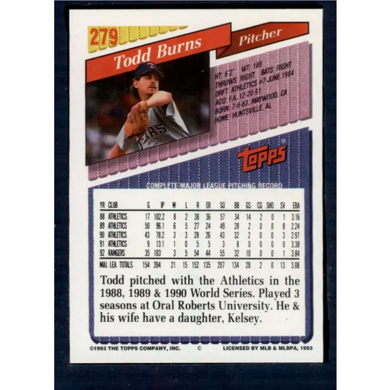 1993 Topps #279 Todd Burns NM-MT Texas Rangers Baseball Card - Baseball Card Single