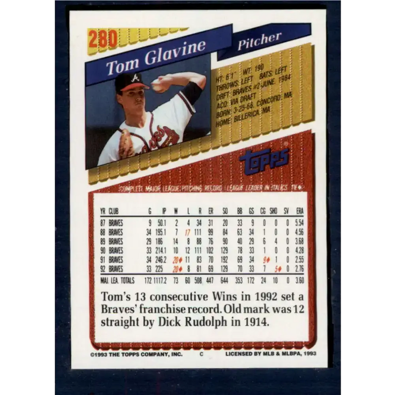 1993 Topps #280 Tom Glavine NM-MT Atlanta Braves Baseball Card - Baseball Card Single