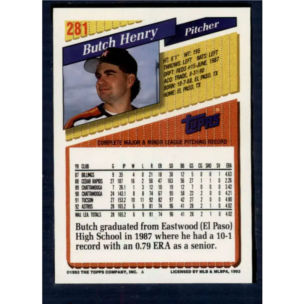 1993 Topps #281 Butch Henry NM-MT Houston Astros Baseball Card - Baseball Card Single