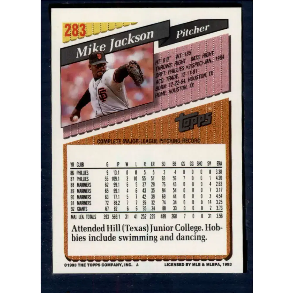 1993 Topps #283 Mike Jackson NM-MT San Francisco Giants Baseball Card - Baseball Card Single