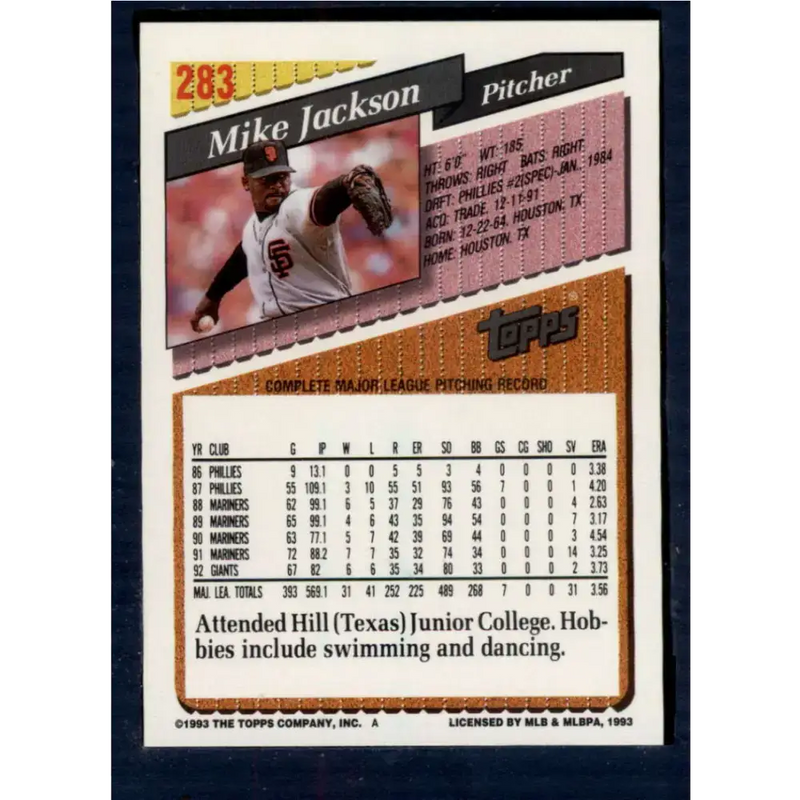 1993 Topps #283 Mike Jackson NM-MT San Francisco Giants Baseball Card - Baseball Card Single