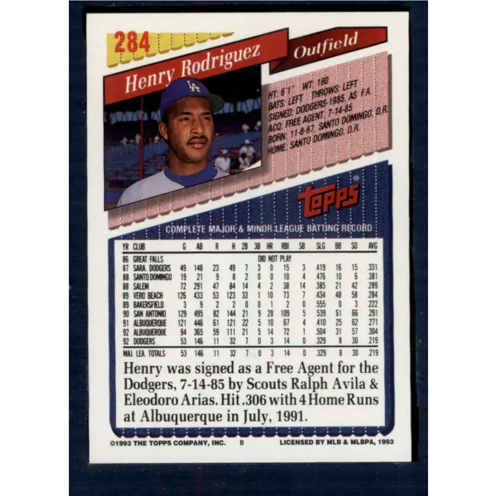 1993 Topps #284 Henry Rodriguez NM-MT Los Angeles Dodgers Baseball Card - Baseball Card Single