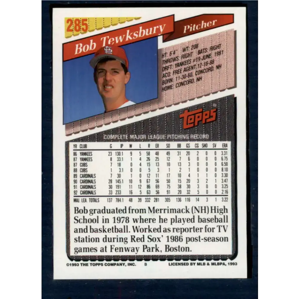 1993 Topps #285 Bob Tewksbury NM-MT St. Louis Cardinals Baseball Card - Baseball Card Single